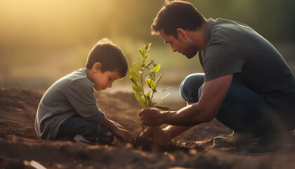 Father and child planting a tree , safe nature earth day concept