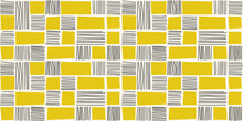 Bold Lines And Yellow Squares Or Rectangles. Alternating Drawn Lines And Geometric Rectangles. For Stylish Designs And Seamless Surfaces.