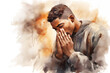 abstract illustration of a handsome young African american black man praying with his hands clasped - white background - watercolor strokes - copy space