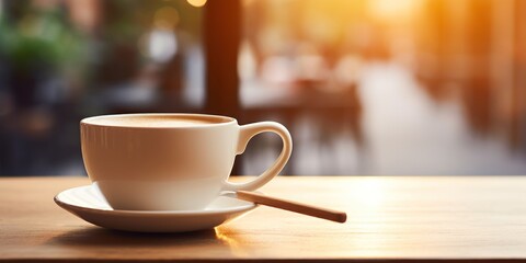 Wall Mural - A white coffee cup with a spoon, with a cafe in the background.