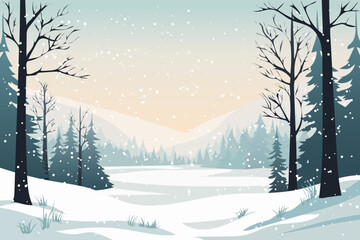 Wall Mural - Winter simple landscape. Trees without leaves, snowdrifts, spruce and pine trees against the backdrop of mountains covered with snow in snowy weather. Design for Christmas or New Year.