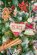 Merry Christmas and Happy New Year. Heart with inscription peace