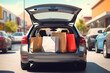 Shopping bags are loaded into the trunk of a car in a shopping center parking lot. ai generative