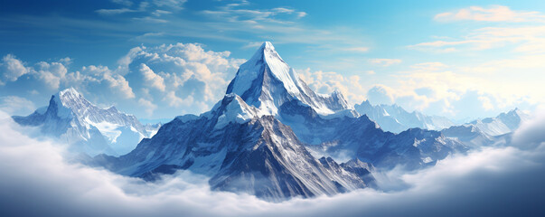 snow-capped mountain peak rising above the clouds. ai generative