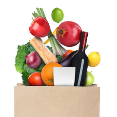 Poster - Different food products falling into paper bag on white background