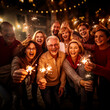 © simona - Happy family celebrating christmas, new year with sparkling fireworks and spalkler lights during night party - Group of people of different ages having fun. People concept
