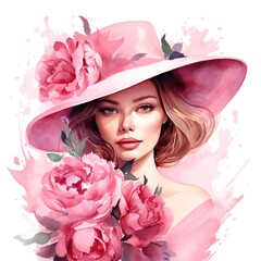 Wall Mural - Timeless Beauty of Pink Floral Lady with Stylish Hat in Watercolor Clipart