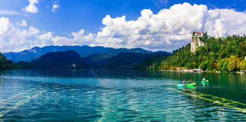 Canvas Print - One of the most beautiful lakes of Europe - lake Bled in Slovenia. panoramic view with island and the castle