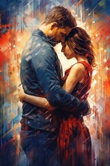 Wall Mural - A painting depicting a couple embracing in the rain.