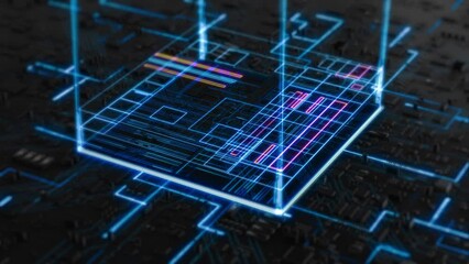 
Futuristic Technology Neon Animation Artificial Intelligence CPU GPU Circuit Board. 3D visualization Microchip Augmented or Virtual Reality. Data Transmission in Micro Processor. Internet of Things.