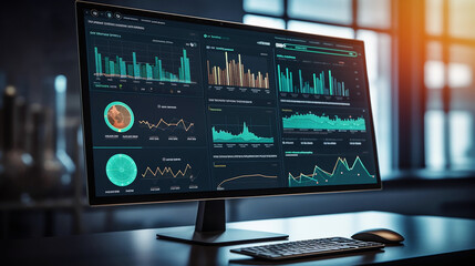 monitor with infographic workspace On the desk, there is a state-of-the-art computer setup with multiple monitors displaying lines of management, code and a web design interface. Generative AI