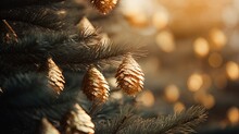 Christmas Trees Macro Detailed Shot With Golden Bokeh.