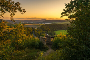 Canvas Print - Blick von der Ruine Trimburg in Trimberg über das Fränkischen Saaletal zum Sonnenuntergang, Gemeinde Elfershausen, Landkreis Bad Kissingen, Unterfranken, Franken, Bayern, Deutschland