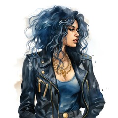 Wall Mural - Edgy Blue and Gold Watercolor Clipart of a Leather Jacket and Gold Hoop Earrings