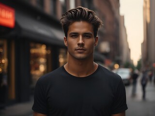 Wall Mural - Photo of a male model in a classic black cotton T-shirt on a city street