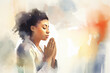 abstract illustration of a pretty young African american black woman praying with her hands clasped - white background - watercolor strokes - copy space