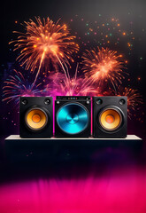 Party event flyer, new year's eve, christmas with loudspeakers and fireworks, design background abstract. Generative AI.