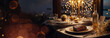 New year's eve celebration dinner in exclusive, luxury restaurant, hotel, resort, table with food, champaigne, and fireworks in the elegant background, panoramic banner, header. Generative AI.
