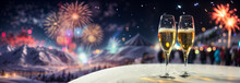 New Year's Eve In The Mountains On The Slope, Fireworks With People And Champagne, Panoramic Background. Generative AI.