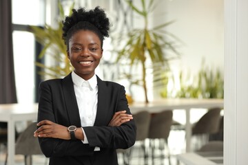 Wall Mural - Happy woman with crossed arms in office, space for text. Lawyer, businesswoman, accountant or manager