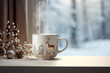 Hot steaming coffee or tea cup in christmas reindeer design standing on table with background of winter forest