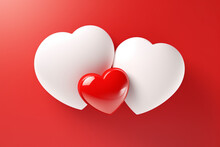 Bright Red Background With Two White Hearts,small Red Heart 3D Style,design Concept Greeting Cards,