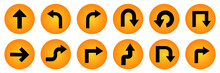 Road Sign Arrows Vector Set.  Black And Yellow Arrow Round Circle Traffic Sign Direction Icon Set. 