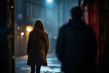 Man Following Woman In Dark Street At Night. Concept For Crime, Stalking And Sexual Assault
