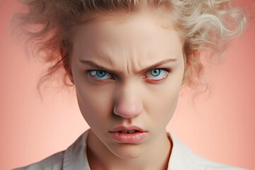 Wall Mural - Angry woman in front of one colored studio background