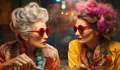 two emotional elderly women are sitting at a table . These women have bright clothes and colored hair.