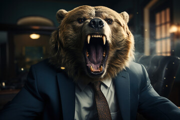 Wall Mural - Angry agressive male bear in expensive formal suit, the king of beasts with mane, the big boss is sitting in a luxurious chair in the office room. Business management concept. 