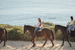Young female equestrian riding brown horse along seashore