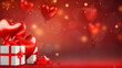 Valentines day card with heart shape balloons on red bokeh background with space for your greetings