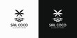 Coconut tree vector logo design with ship sail and water waves