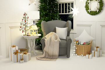 Wall Mural - Christmas tree with gifts and chair in a room Christmas, 3d render