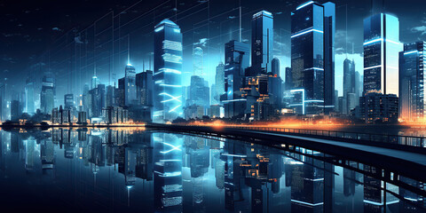 Futurestic city in blue tones with the reflection.