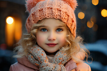 portrait of a beautiful girl in winter, bright sunny day and snow