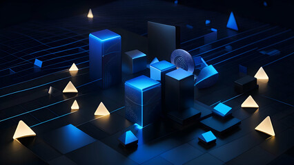 Wall Mural - 3d illustration of abstract digital technology concept with low poly city on dark background