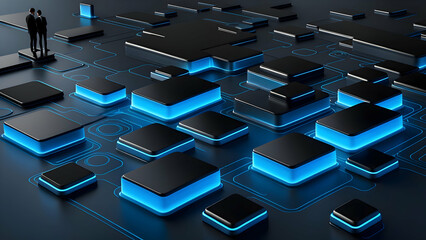 Wall Mural - Businessman looking at the black and blue circuit board. 3D rendering