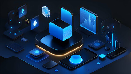 Wall Mural - 3d isometric illustration of a dark blue background with a lot of different gadgets