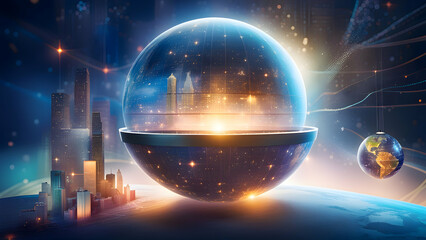 Wall Mural - Earth globe with glowing city in the background. 