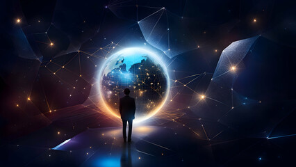 Wall Mural - Silhouette of businessman standing in front of glowing globe. 