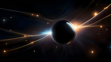 Wall Mural - Black planet in space with glowing lines,  digital illustration