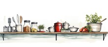 Colorful Sketch Of Kitchen Shelf And Cooking Accessories From The Front View On White Background