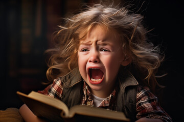 child girl boy reading a book crying hysterically screaming difficulty learning emotions homework learning beautiful photo children tension school kindergarten homework lessons scream new generation