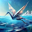 美しい折り紙の鶴が寒い国の海の上を飛んでいる