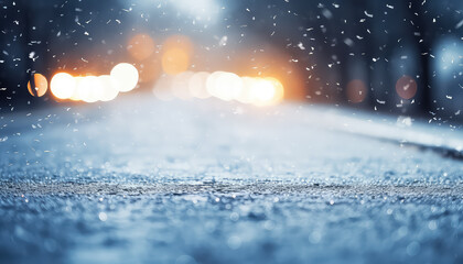 Wall Mural - Washed-out road with snow and lights