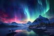 Beautiful Aurora Northern or Southern lights in starry night sky. Aurora borealis over the sky at islands. Night winter landscape with colorful scene, sea with sky reflection.