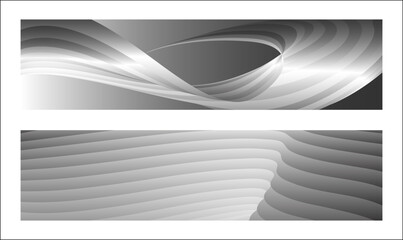 Monochrome cover design, abstract background. Wavy silver parallel gradient lines, ribbons, silk. Set of 2 backgrounds. Black and white with shades of gray banner, poster. eps vector