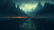 Dark moody landscape captures jagged mountains behind a still reflective lake under a cloudy diffused light with a line of orange lights extending into the distance.